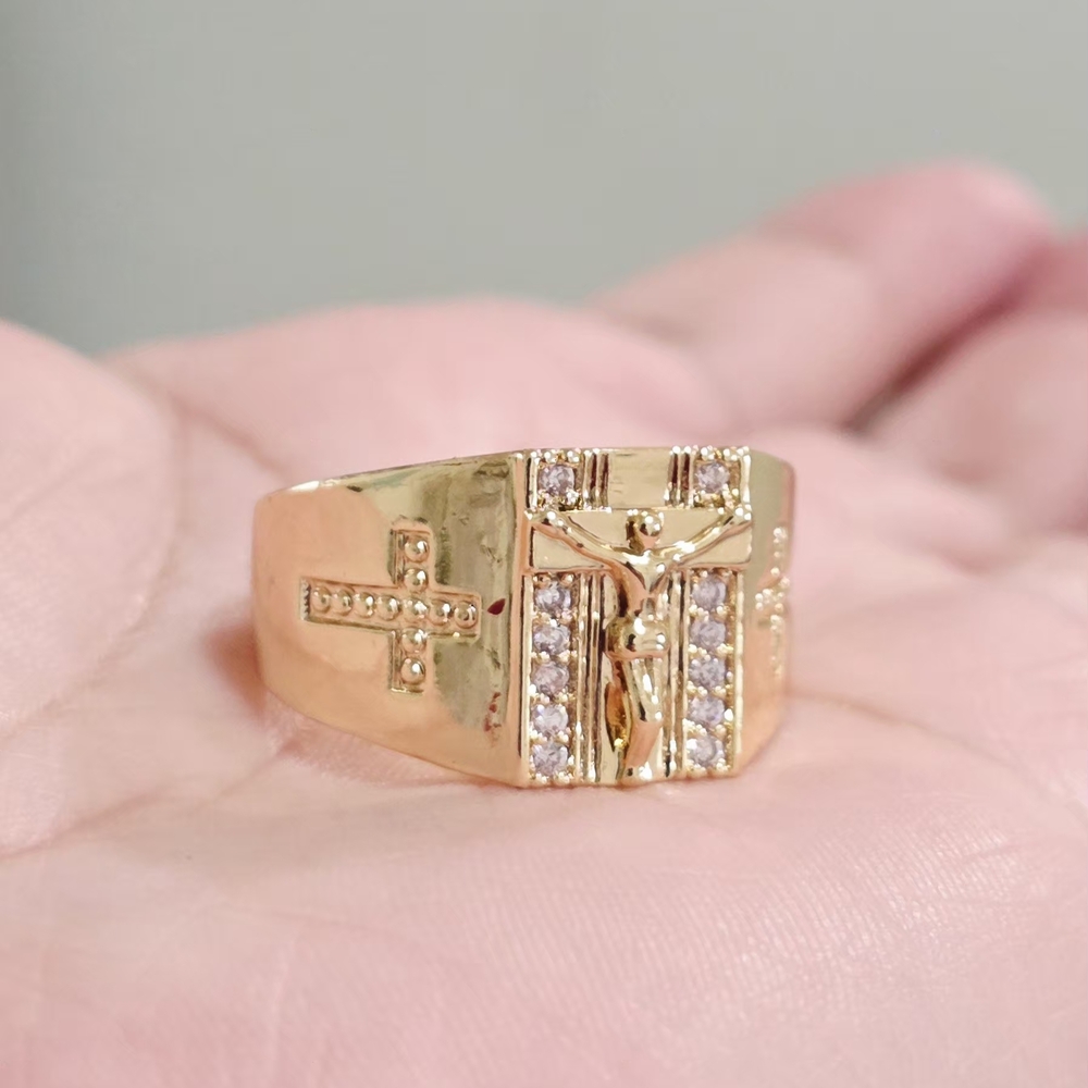 Gold Men's Crucifix Ring with Clear Accent Stones